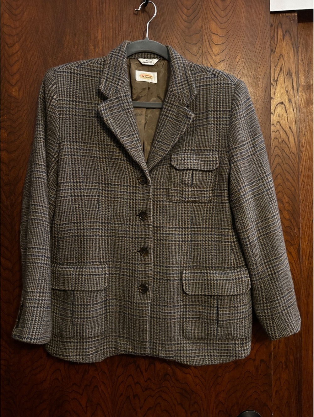 Talbots Brown Plaid Wool Blazer Made of Italian Fabric, Size 18